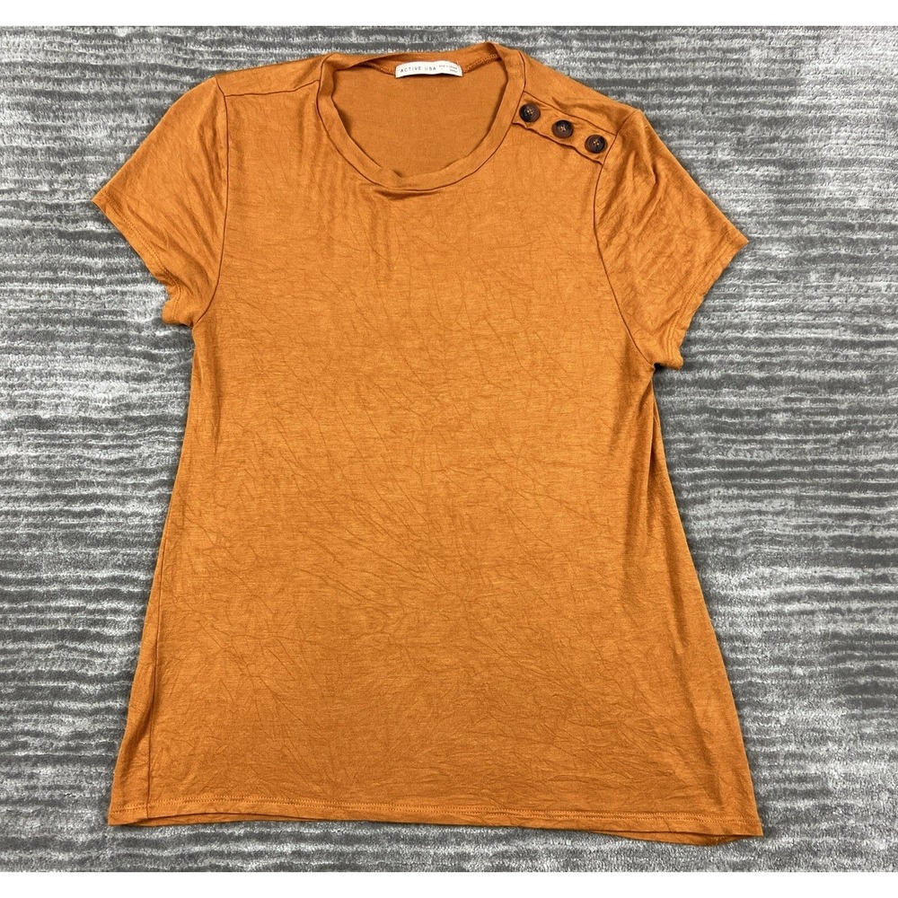 Active USA T-Shirt Womens Small Burnt Orange T11242 Casual Shoulder Buttons Top